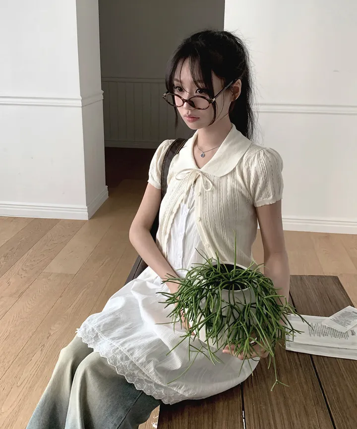 [러블리🌷반팔가디건] 게일 둥근 카라 리본 스트랩 크롭 반팔 가디건 봄 여름 가을 / 여름가디건 남방 크롭티 반팔티 흰티 이너티 아우터 뮤잉 상세 이미지 24
