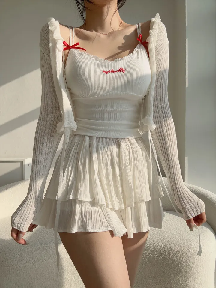 【핏보장-!】 여리여리 스트랩 끈 롱슬리브 프릴 꽈배기 부클 가디건 상세 이미지 29
