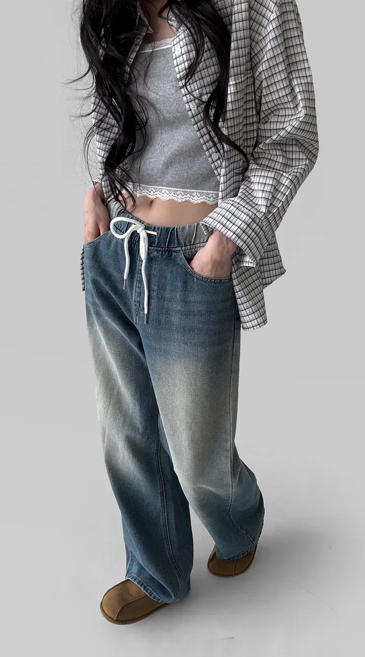 [~2XL] 마블 소프트 워싱 허리 밴딩 와이드 일자핏 데님 팬츠 바지 상세 이미지 13