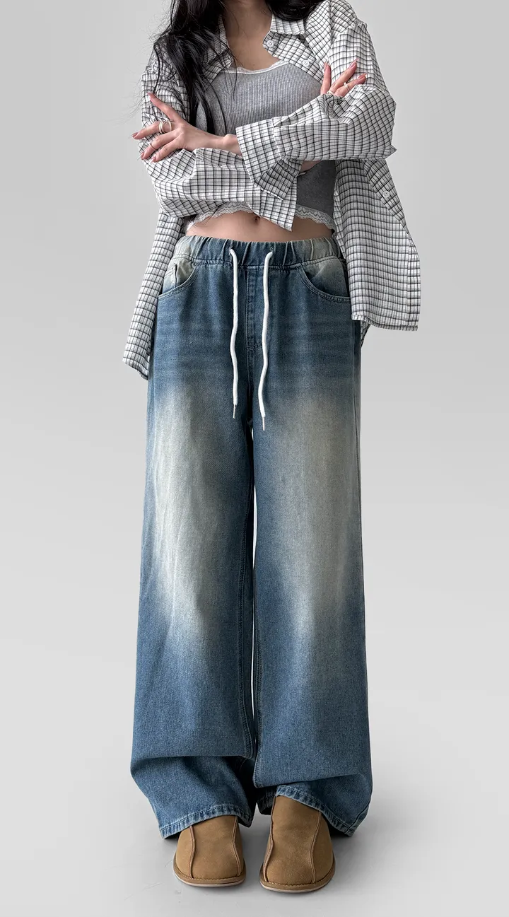 [~2XL] 마블 소프트 워싱 허리 밴딩 와이드 일자핏 데님 팬츠 바지 상세 이미지 10