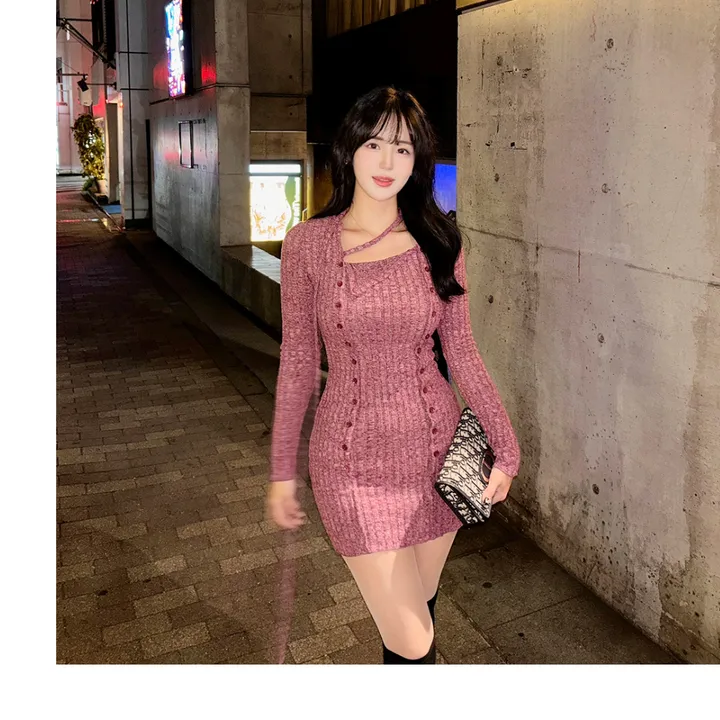 [허얇골넓♥/독보적분위기] 플럼 퍼플 스퀘어넥 초커 니트 미니원피스 상세 이미지 6