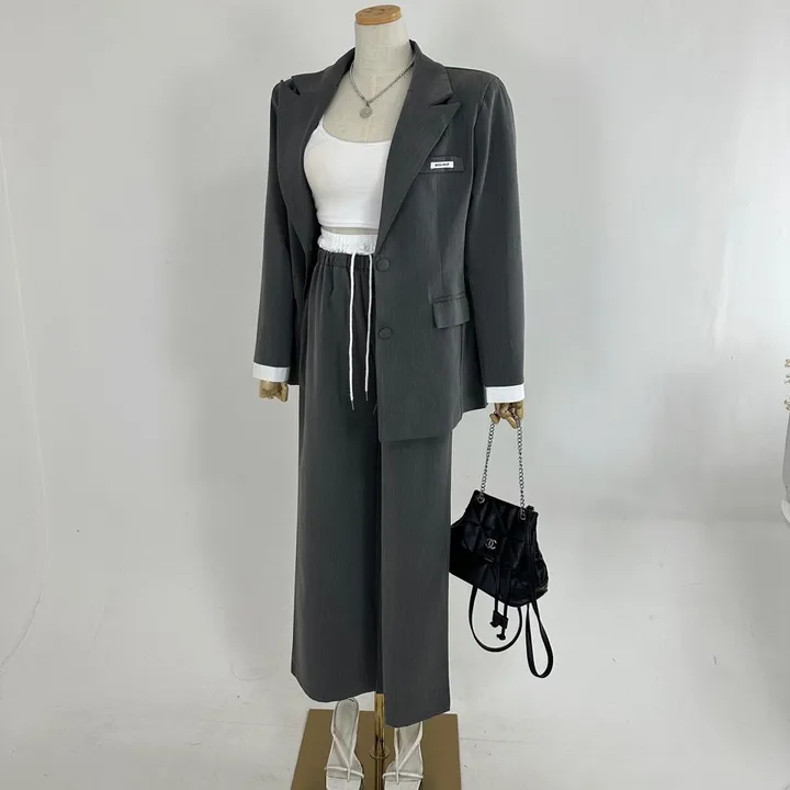 [25SS/*고퀄*/강추코디/하객룩/오피스룩/세트가격💕] 루즈핏 소매 레이어드 배색 미니패치 패드 베이직 자켓 + 하이 배색 밴딩 롱 슬랙스 와이드 팬츠 SET셋업(3COLOR) 상세 이미지 20