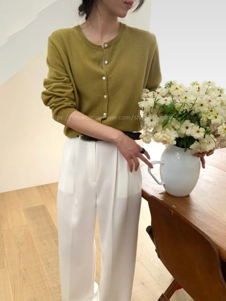 [레드당일] 데일리 라운드 캐시가디건 베이직 기본 니트 자개단추 봄 간절기 올리브 연핑크(5color) 상세 이미지 4