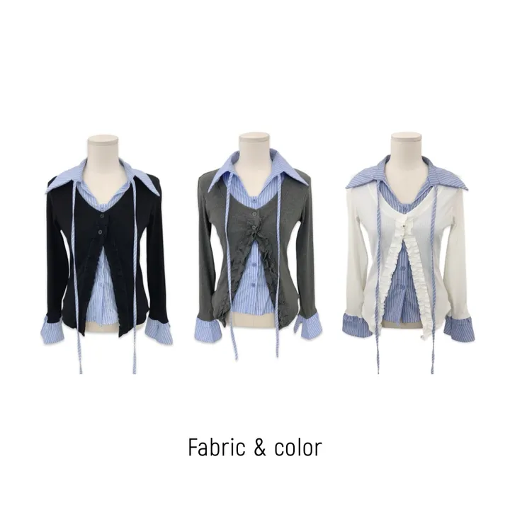 [3COLOR/셔츠일체형] 유닛 스트라이프 셔츠&프릴가디건 레이어드세트/버닝블루 상세 이미지 2