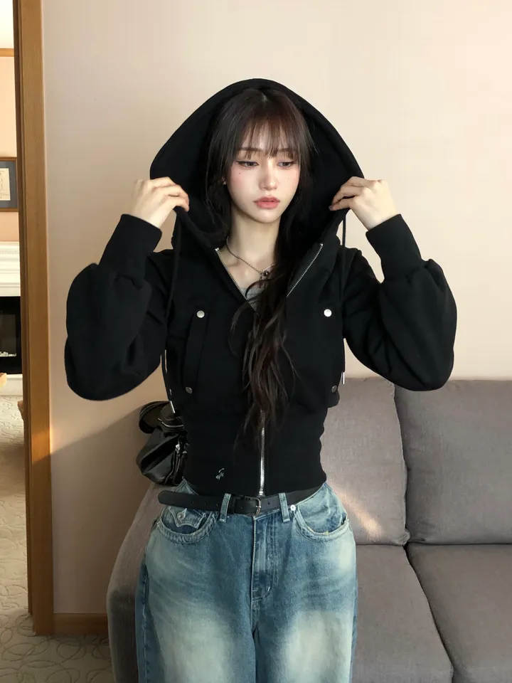 [당일발송🚀/허리보정!] 밴딩 포켓 크롭 후드집업 슬림핏 집업 상세 이미지 2