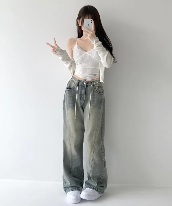[색감깡패🖤/끈탈부착O] 미드나잇 뒷밴딩 스트링 스트랩 하이웨스트 절개라인 빈티지 워싱 롱 와이드 데님 팬츠 밴딩바지 청바지 사계절청바지 상세 이미지 6