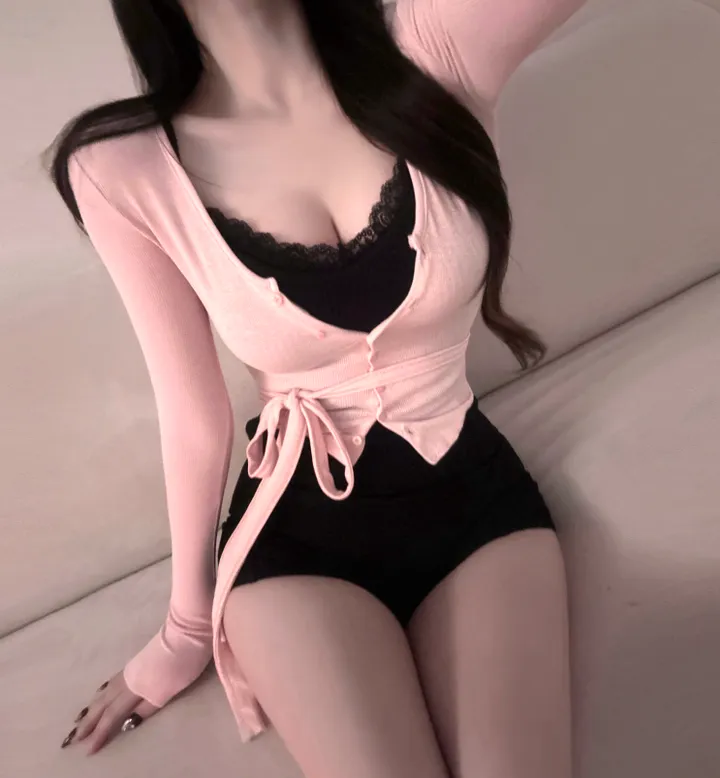[리얼핏보장!!/타이set] 섹시글램 슬림핏 여리 가디건 스카프 세트 투피스 크롭 버튼 브이넥 모달 스판 여친룩 베이직 기본 레이어드 데일리 데이트룩 봄 가을 신상 청순 여신룩 상세 이미지 14