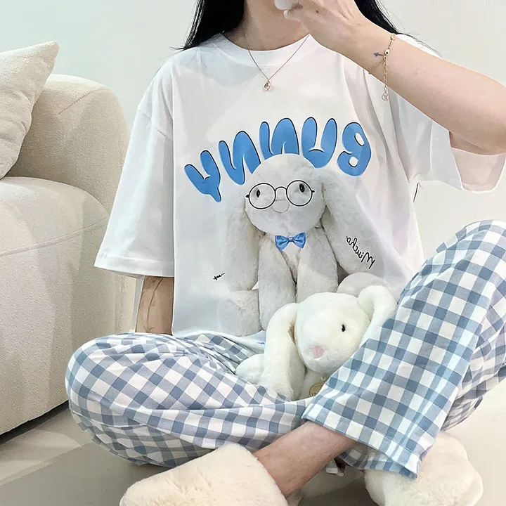 💙[남녀공용]💙 토끼 잠옷 파자마 세트 체크바지 빅사이즈 박시핏 루즈핏 오버핏 박시티 반팔 반팔티 여름 여름티 여름티셔츠 티셔츠 커플티 커플룩 커플티셔츠 상세 이미지 5