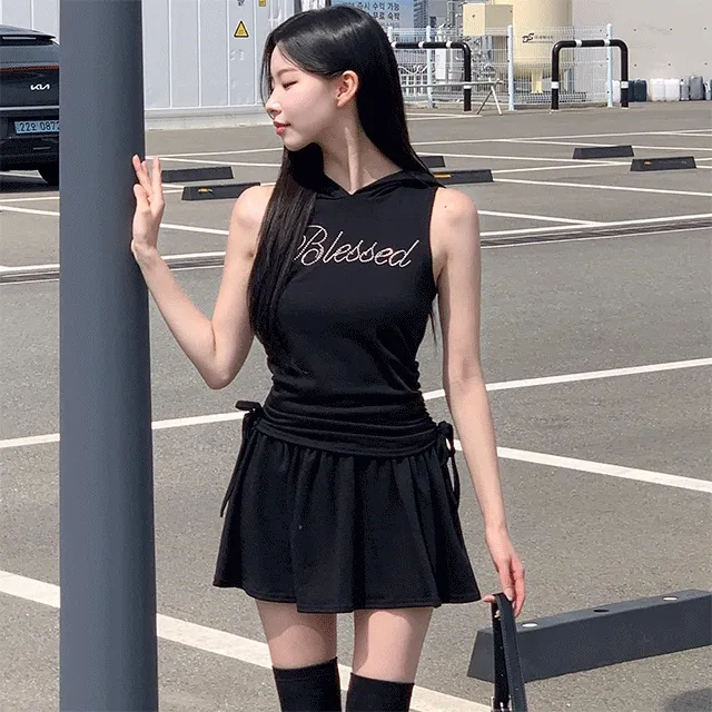 [유니크🖤] 미니 후드 세트 / 후드티 반팔티 투피스 치마바지 플레어 플리츠 레이어드 스커트 민소매 오프숄더 여름반팔 셔링 크롭티 크롭반팔 미니스커트 캉캉치마 캉캉스커트 블랙 상세 이미지 6