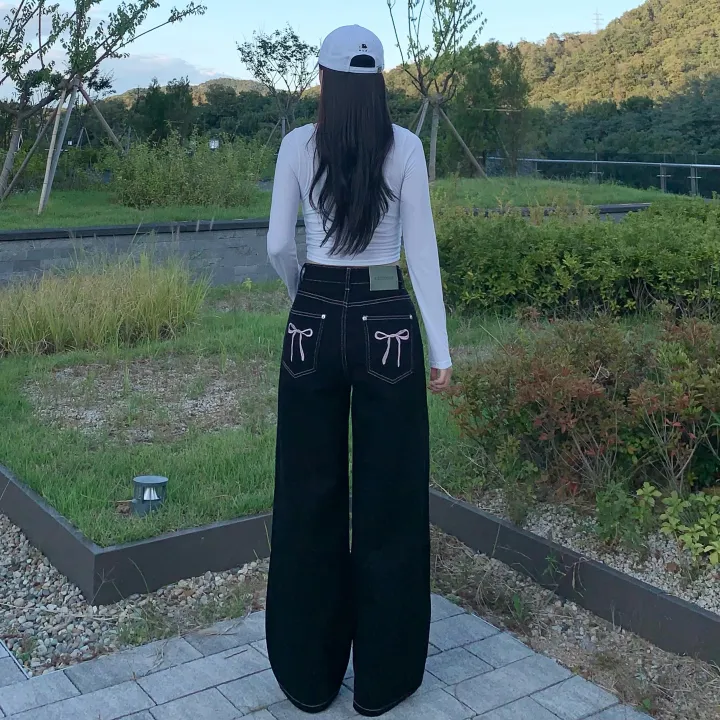 Made![리본포인트🎀/깔끔핏] 핑크 스티치 리본 자수 하이웨스트 와이드팬츠 스트레이트핏 데님 롱팬츠 자체제작 상세 이미지 3