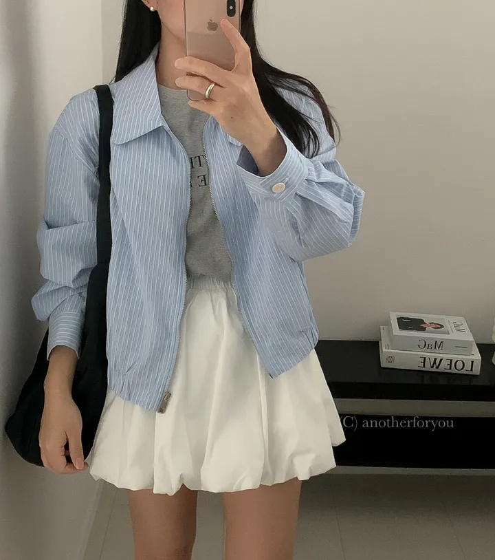 (스트라이프/무지) 바스락 코튼 카라 블루종 숏 점퍼 3col : 어나더포유 상세 이미지 4