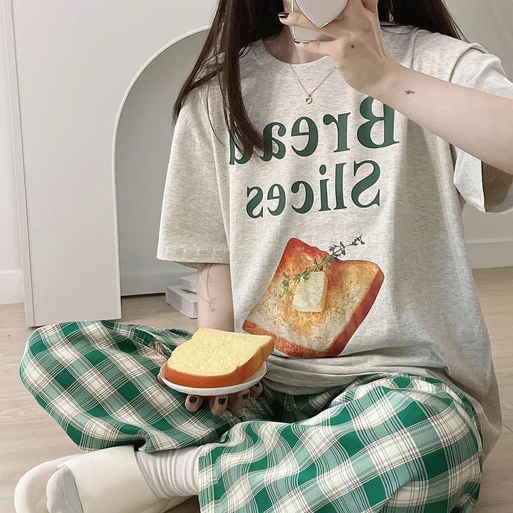 💚[당일출고/긴팔추가!]💚 빅사이즈 식빵 반팔 잠옷 파자마 세트 잠옷바지 루즈핏 오버핏 체크바지 남녀공용 티셔츠 커플티 커플룩 여름 상세 이미지 6