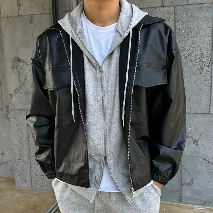 크롭&오버/세트가능 커플 크롭 레더 자켓 후드 집업 가죽 자켓 겨울 봄 가을 커플룩 커플 시밀러룩 꾸안꾸 트레이닝 세트 남자 코디 오버핏 남녀공용 데이트 빅사이즈 상세 이미지 18