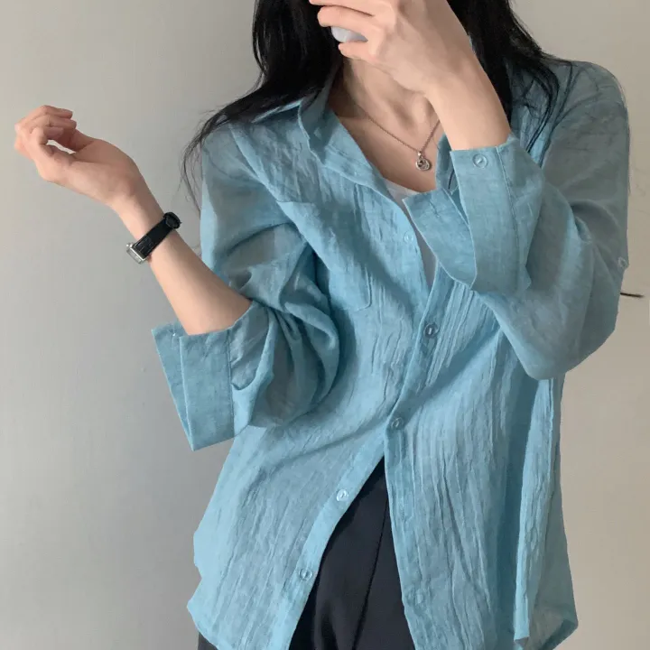 [살안타템17컬러✨/크롭&루즈핏] 햇빛차단, 린넨 시스루 루즈핏 거즈 셔츠/남방 블라우스 상세 이미지 43