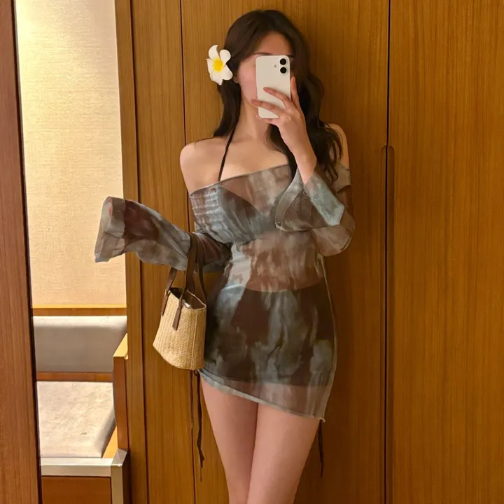 [당일출고] (M-XL) 오프숄더티+숏팬츠+와이어 3피스 비키니 세트 상세 이미지 3