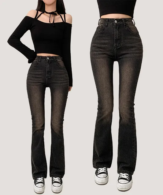 [S~XL/쫀득스판!] 브라운 틴팅 워싱 하이웨스트 데님 부츠컷 팬츠