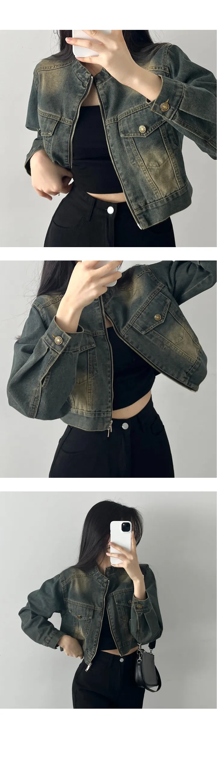ABLY1등자켓🧡[노카라&투웨이 집업] 빈티지 아방핏 크롭 바이커 데님 청자켓 2color 상세 이미지 11