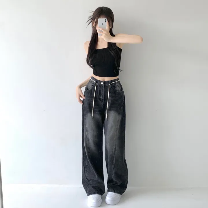 [색감깡패🖤/끈탈부착O] 미드나잇 뒷밴딩 스트링 스트랩 하이웨스트 절개라인 빈티지 워싱 롱 와이드 데님 팬츠 밴딩바지 청바지 사계절청바지 상세 이미지 29