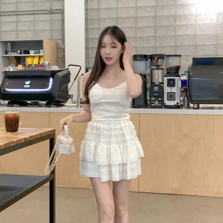 [나시스커트SET/고퀄ෆ러블리] 베링 레이스 프릴 뷔스티에 브이넥 캡 나시 + A라인 밴딩 캉캉 미니 스커트 투피스 세트 데이트룩 여행룩 바캉스룩 꾸안꾸 플리츠 발레코어 상세 이미지 16