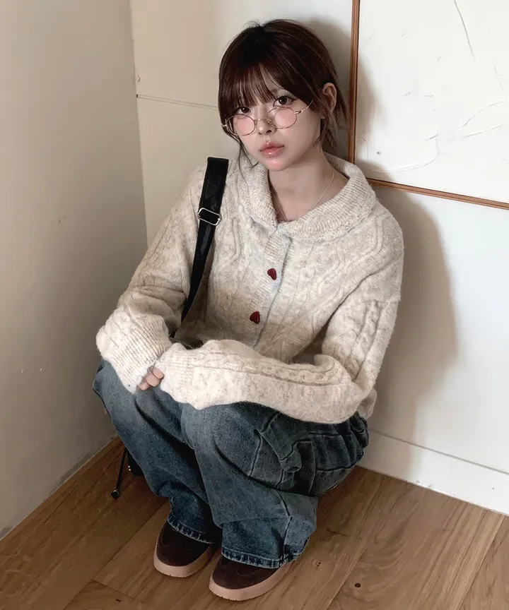 [MD추천✨러블리] 우토 하트 단추 카라 배색 니트 가디건 봄 가을 / 니트가디건 가디건 봄가디건 아우터 바람막이 청자켓 뮤잉 상세 이미지 18