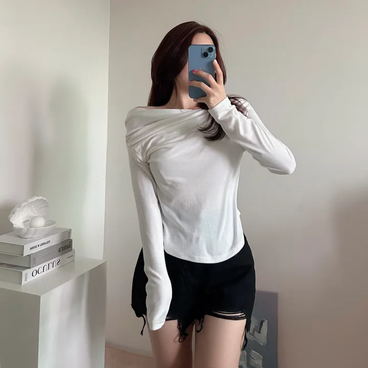 밑단u![군살커버여유핏/살짝오프숄더-]가슴안감으로 비침없는, 드레이핑 셔링 밑단 라운드 굴림 언발 쫀득 고퀄 분위기 여신 긴팔 크롭 루즈핏 티셔츠 (4col):리틀페어리 상세 이미지 6