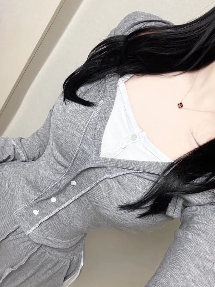 [*개별구매가능/핏보장*] 꾸안꾸 쫀쫀 딱붙 스티치 레이어드 이중후드 가디건 +하이웨스트 와이드 배색 팬츠 데일리 꾸안꾸 y2k 배색세트 트레이닝 후드세트 마실룩 몸매보정 여리핏 상세 이미지 9