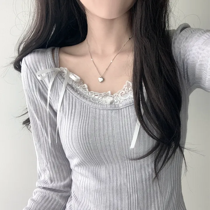 [은은한펄/러블리] 트윙클 골지 슬릿 펄 긴팔 티셔츠+레이스 리본 나시&슈아 밴딩 캉캉 미니 스커트 투피스 쓰리피스 코디세트 단품 세트 상세 이미지 7