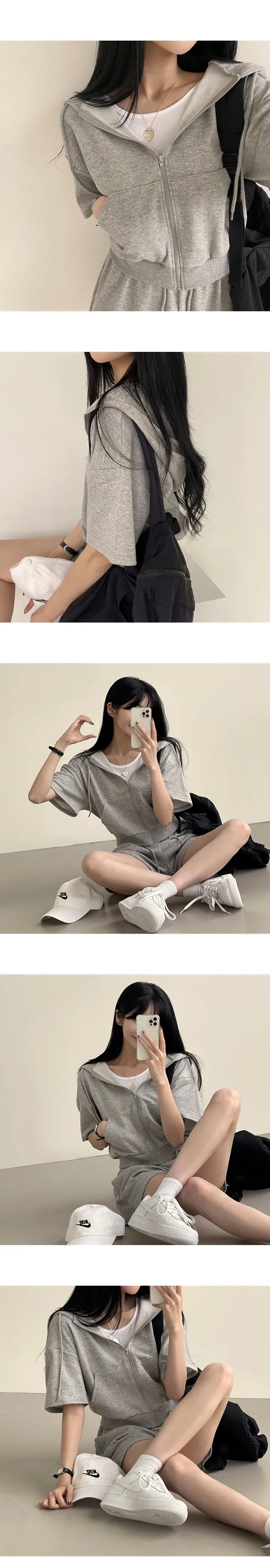 [꾸안꾸/귀여움보장!] 휘뚜루~ 루즈핏 크롭 반팔 후드집업 (3color) 상세 이미지 2