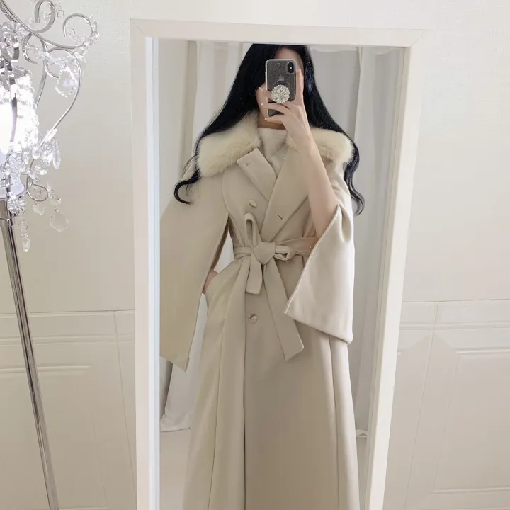 [롱케이프코트💗/고퀄보장✨] 롱VER. 알콩 울 캐시미어 폭스퍼 페이크퍼 밍크퍼 누빔안감 케이프 벨트 버튼 고급 우아 롱 판쵸 코트 망토 자켓 (4color) 연말룩 크리스마스 상세 이미지 25