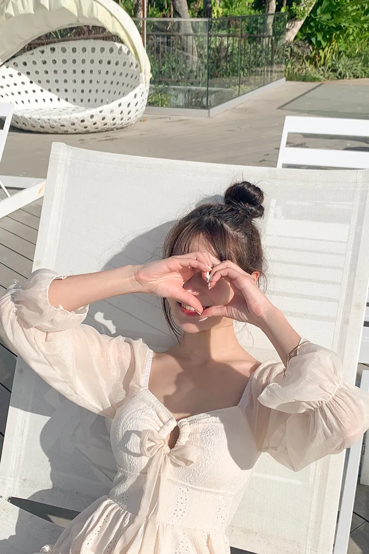 [팔뚝커버/군살커버/M-XL] 리본스트랩 펀칭 원피스 수영복 아이보리 크림 소매 체형 뱃살 커버 비키니 상세 이미지 8