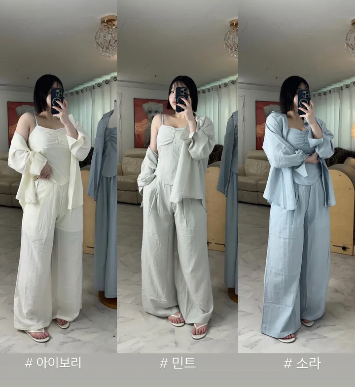 [체형커버/쓰리피스]오버핏 셔츠 스모크 밴딩 나시 와이드팬츠 쓰리피스 세트 상세 이미지 5