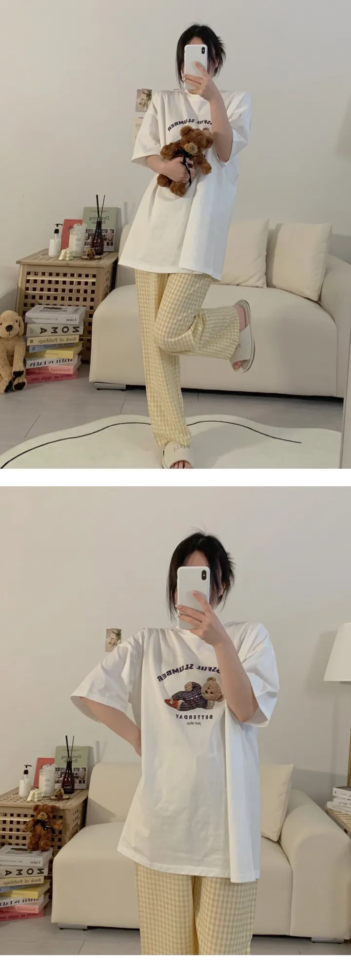 [자체제작]1+1할인 실크느낌 솝 체크 커플 잠옷바지 빅사이즈 파자마 파티 상세 이미지 7