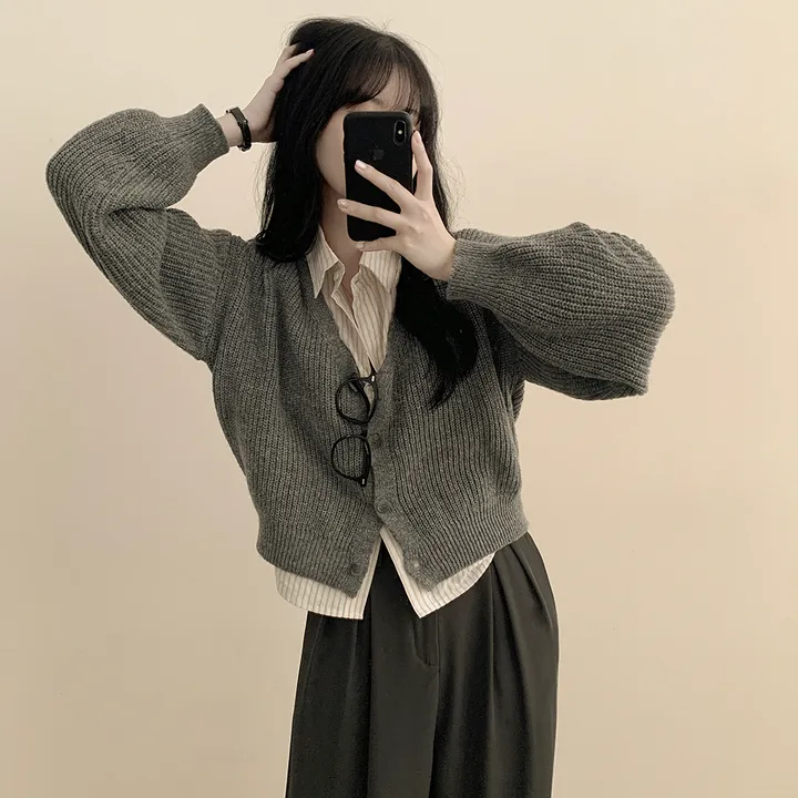 [캐시울/포근~] 고퀄! 아방핏 브이넥 하찌 크롭 벌룬 니트가디건 상세 이미지 8