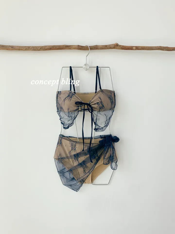 3피스 비키니 스커트 포함 레이스 시스루 베이지 휴양지 바캉스 섹시 수영복 컨셉블링 상세 이미지 2
