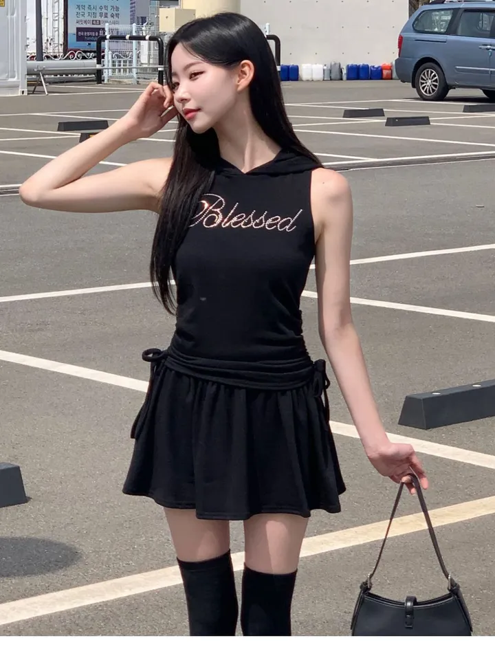 [유니크🖤] 미니 후드 세트 / 후드티 반팔티 투피스 치마바지 플레어 플리츠 레이어드 스커트 민소매 오프숄더 여름반팔 셔링 크롭티 크롭반팔 미니스커트 캉캉치마 캉캉스커트 블랙 상세 이미지 14