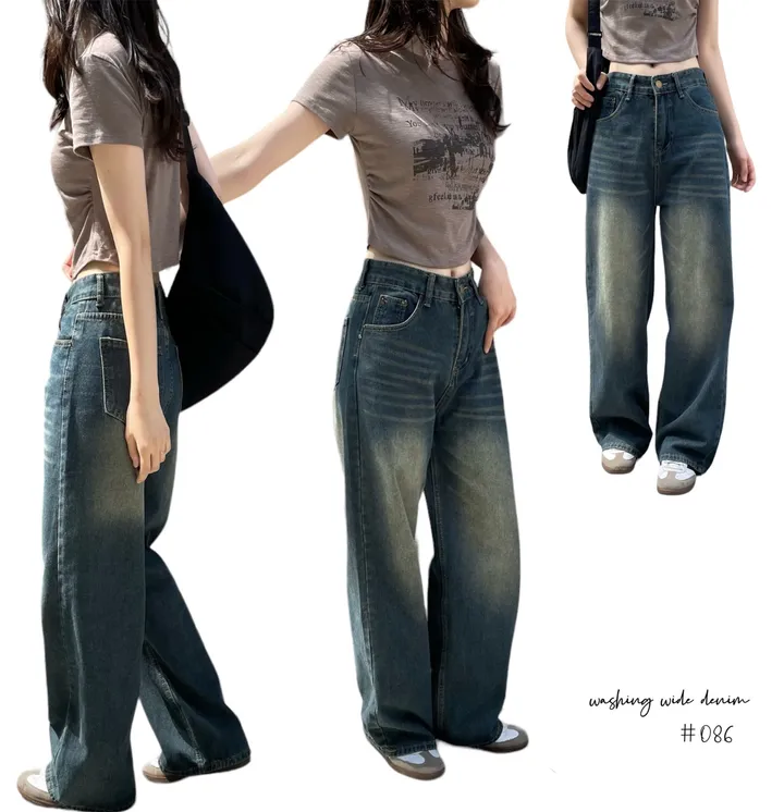 [ 사계절용 / 자체제작 ! ] 원버튼 빈티지 워싱 하이웨스트 와이드 데님 팬츠 바지 상세 이미지 1