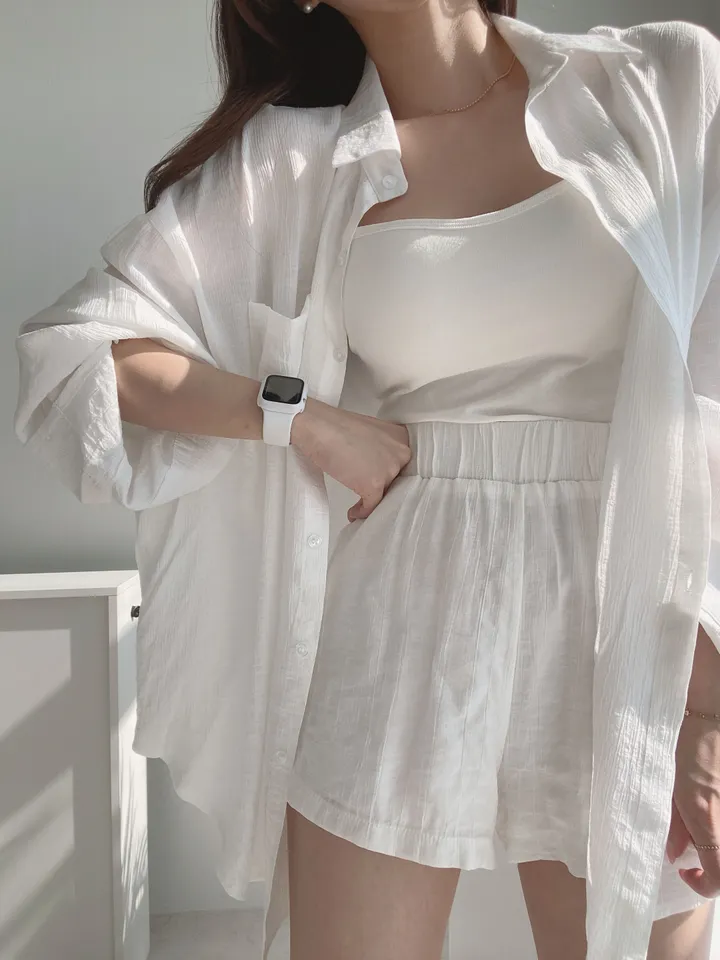 *SET* 【편해요/멋쁨】 오버 루즈핏 린넨 롱셔츠 남방 반바지 투피스 세트 상세 이미지 4