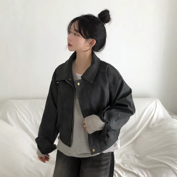 [고급레더!핏보장🤎]매트 무광 오버핏 가죽 레더 스웨이드 블루종 자켓 점퍼 2color 상세 이미지 6