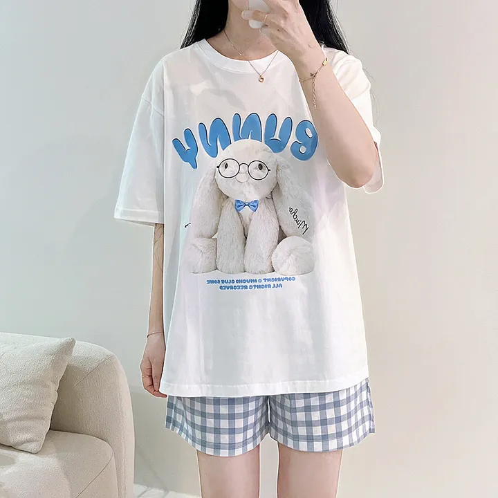 💙[남녀공용]💙 토끼 잠옷 파자마 세트 체크바지 빅사이즈 박시핏 루즈핏 오버핏 박시티 반팔 반팔티 여름 여름티 여름티셔츠 티셔츠 커플티 커플룩 커플티셔츠 상세 이미지 8
