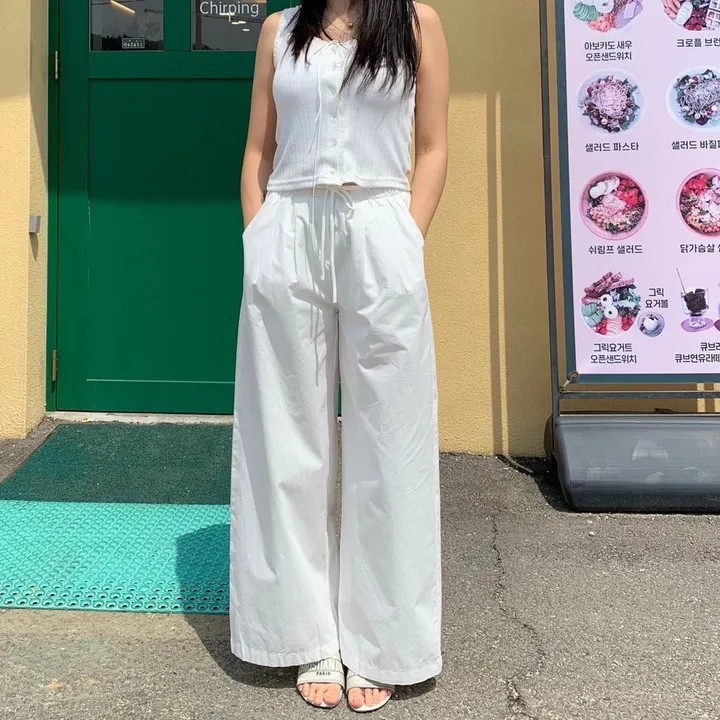 화이트 흰색 핀턱 밴딩 와이드 팬츠 상세 이미지 40