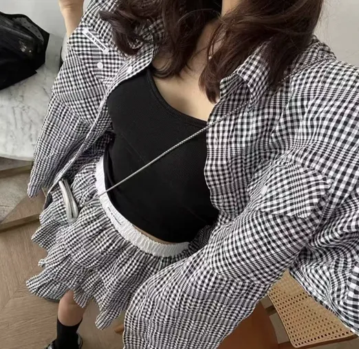 ((투피스룩*고퀄)) 오버핏 체크셔츠 캉캉치마 투피스 박시핏 빅사이즈 남방 치마 스커트 트레이닝 세트 여행룩 상세 이미지 1