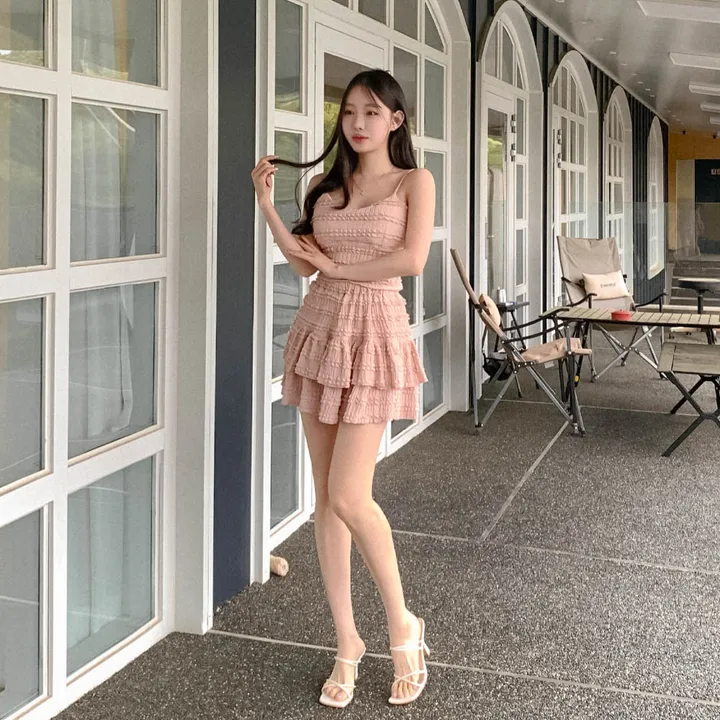 [나시스커트SET/고퀄ෆ러블리] 베링 레이스 프릴 뷔스티에 브이넥 캡 나시 + A라인 밴딩 캉캉 미니 스커트 투피스 세트 데이트룩 여행룩 바캉스룩 꾸안꾸 플리츠 발레코어 상세 이미지 20