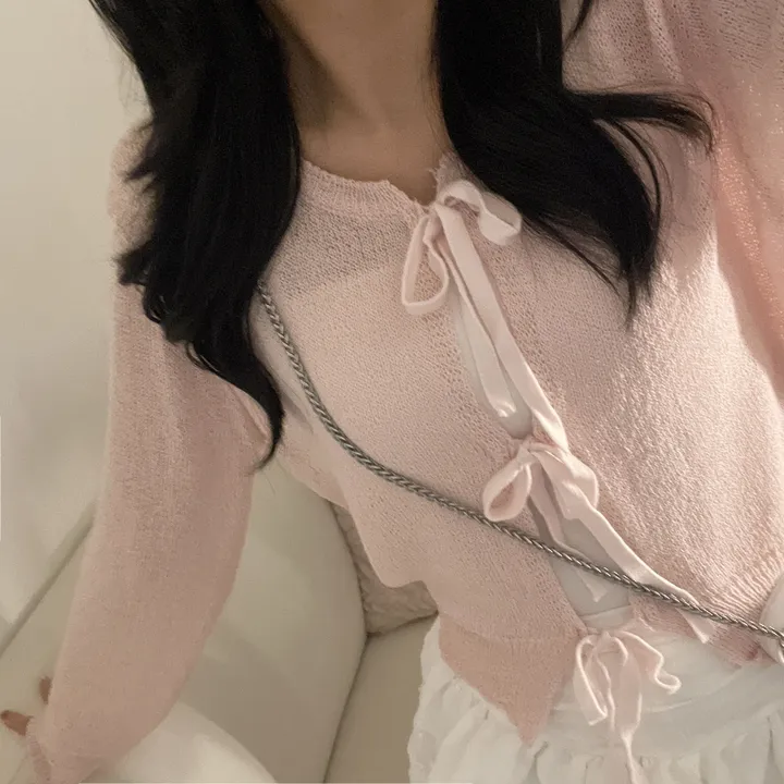 [리본포인트🎀/여름가디건] 살안타 부클 니트재질, 모얀 쓰리리본 여름 부클 니트 가디건 상세 이미지 18