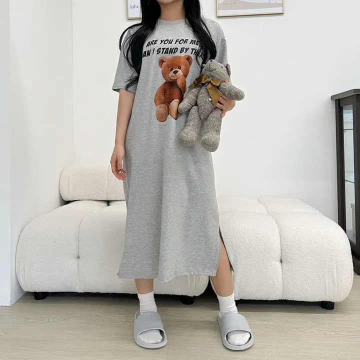 [국내/부드러운] 베어🐻 프린팅 반팔 롱 원피스 - 4color 상세 이미지 25