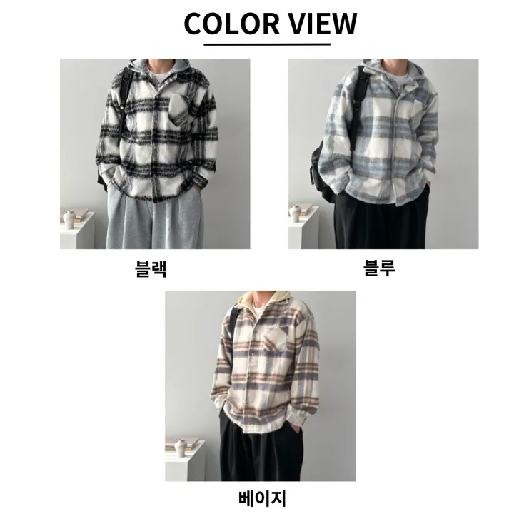 오버핏 체크 하프 코트 자켓 후드 레이어드 미니멀 빅사이즈 아우터 후드레이어드하프체크코트 상세 이미지 2