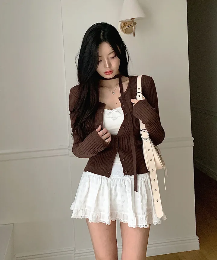 [초커타이set 💗] 몰린 초커 타이 세트 골지 니트 가디건 봄 가을 데이트룩 / 긴팔가디건 긴팔니트 데일리룩 하객룩 클래식블랑 상세 이미지 4