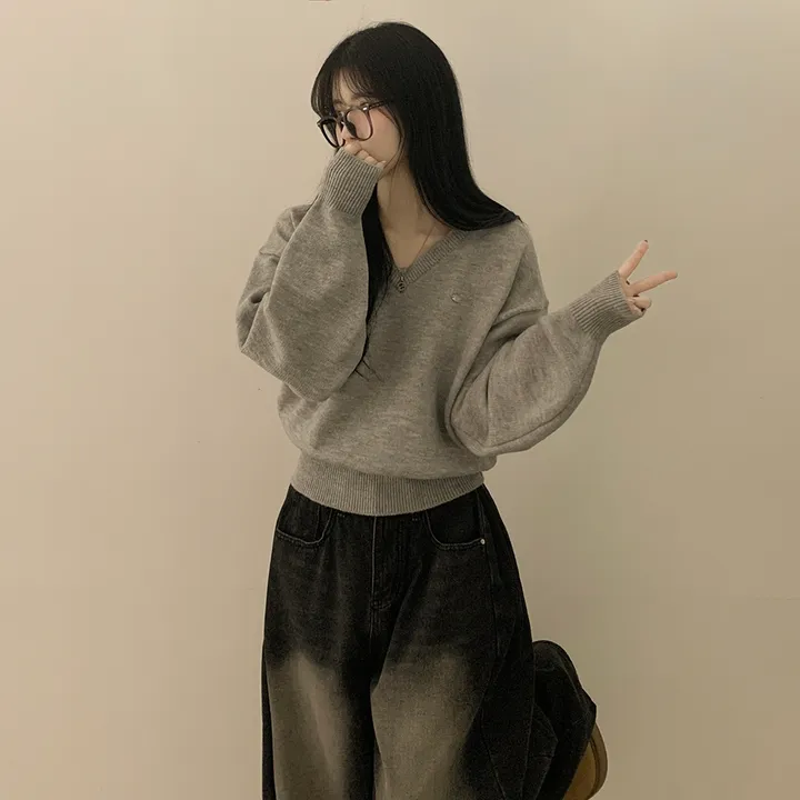 [파스텔색감💭/도톰폭닥~] 와펜포인트 아방핏 브이넥 루즈핏 허리잘록 긴팔니트 상세 이미지 9