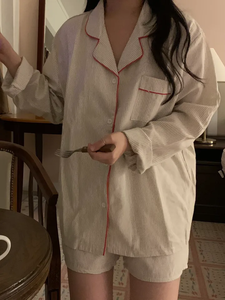 [커플잠옷][2000장돌파] timeless pajamas set 긴팔 반바지 잠옷 세트 베이지 상세 이미지 14