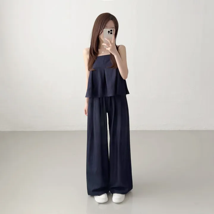 끈조절o [키작녀추천!/나시+팬츠set] 프릴 스퀘어 크롭 나시 블라우스 + 하이웨스트 밴딩 핀턱 주름 와이드팬츠 바캉스 휴가 휴양지 트레이닝 투피스 상하의 세트 (2color) 상세 이미지 19