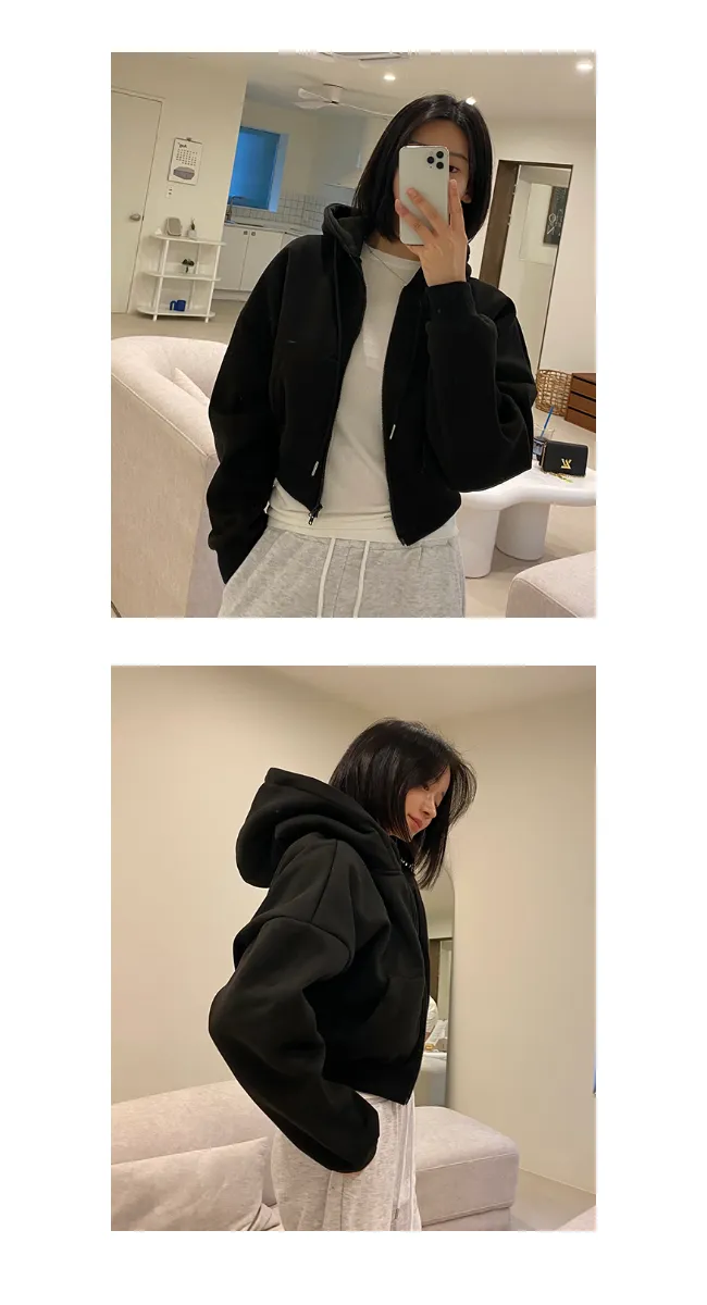 [주문폭주]언더립 기모 오버핏 크롭 투웨이 후드 숏 집업 점퍼(블랙/그레이/차콜) 상세 이미지 6
